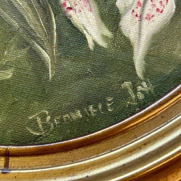 Vintage Original Signed Floral Painting Gold Frame Oval Lilly Lilies 13 x 16 - Picture 2 of 9